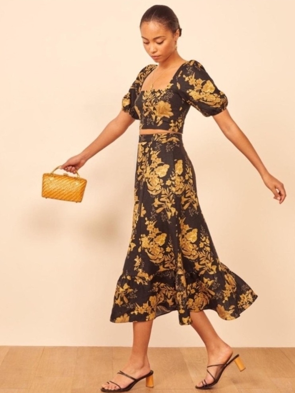 Reformation Black Yellow Floral 100% Linen Maxi Set Size 0 Boho Romantic Date
